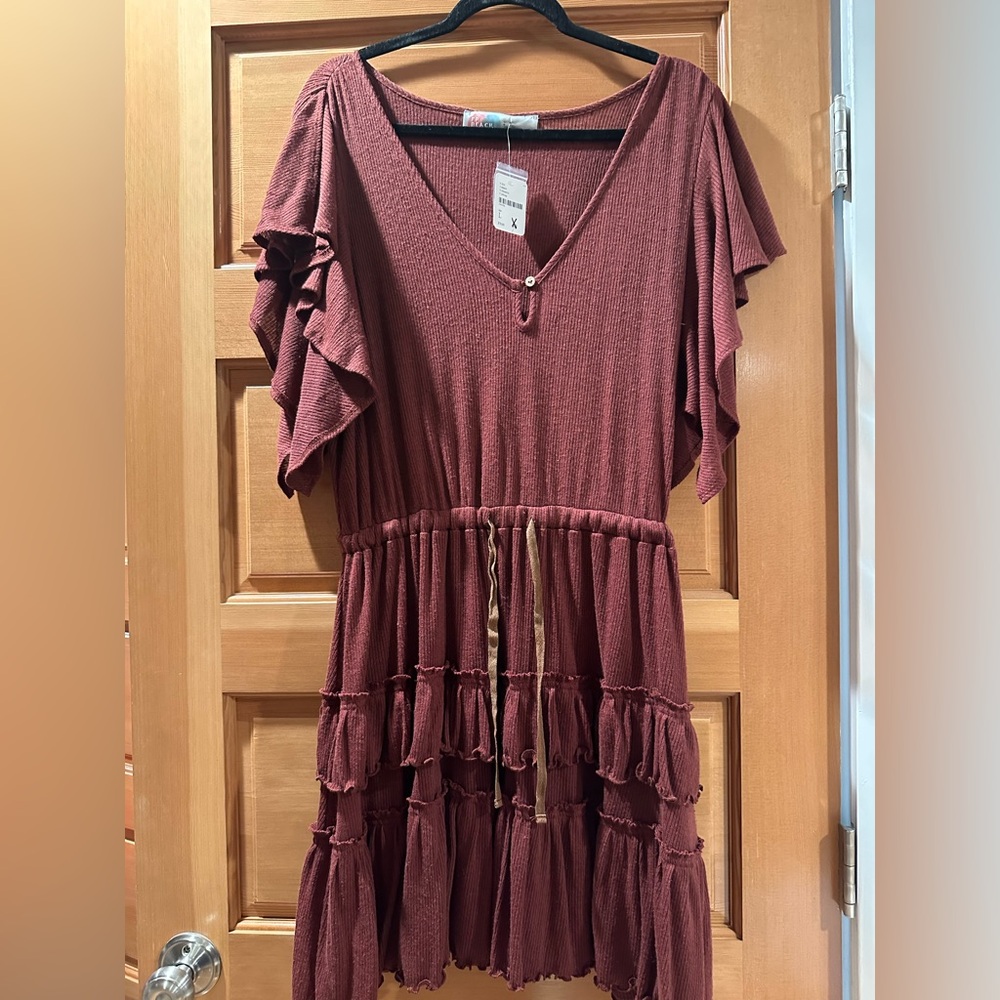 Free People Mauve Ruffle Tiered V-Neck Dress